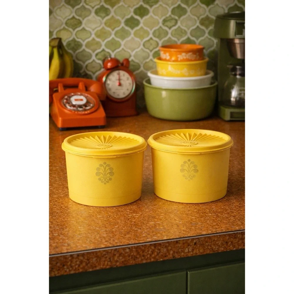 Vintage Tupperware Servalier Yellow Canisters Set 2 Sunburst Lids Retro Kitchen